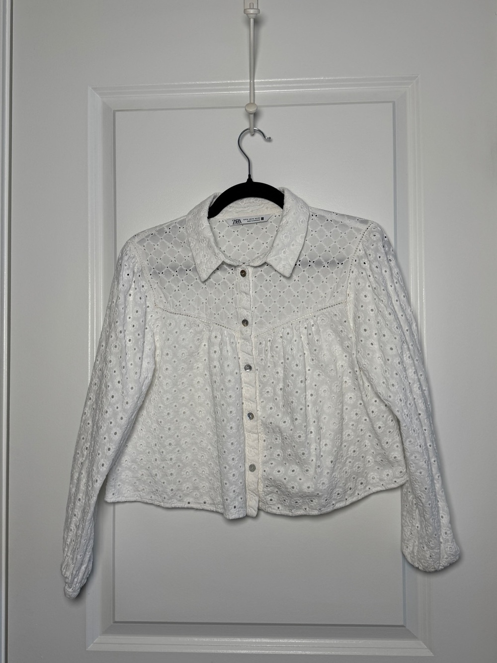 Zara White Eyelet Button-Down Blouse